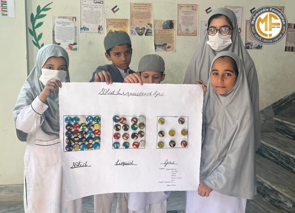 Students presenting a science poster on states of matter.